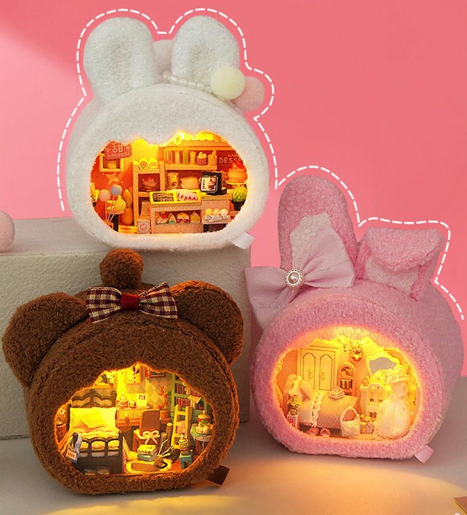 Moin moin Puppenhaus Miniatur Handgefertigtes Bausatz Set Flauschiges Tiergesicht Haus Rosa Kaninchen Schleife Anfänger Handflächengröße Gestalten Interieur Weißes Kleid LED-Licht