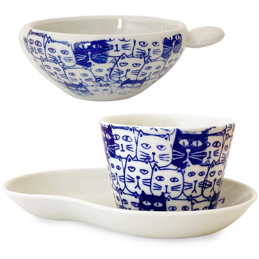 Kunzan Kiln Coffee Cup Saucer with Hasami Made In Cats Blue J-Kitchens & Dripper, Ware, Japan,