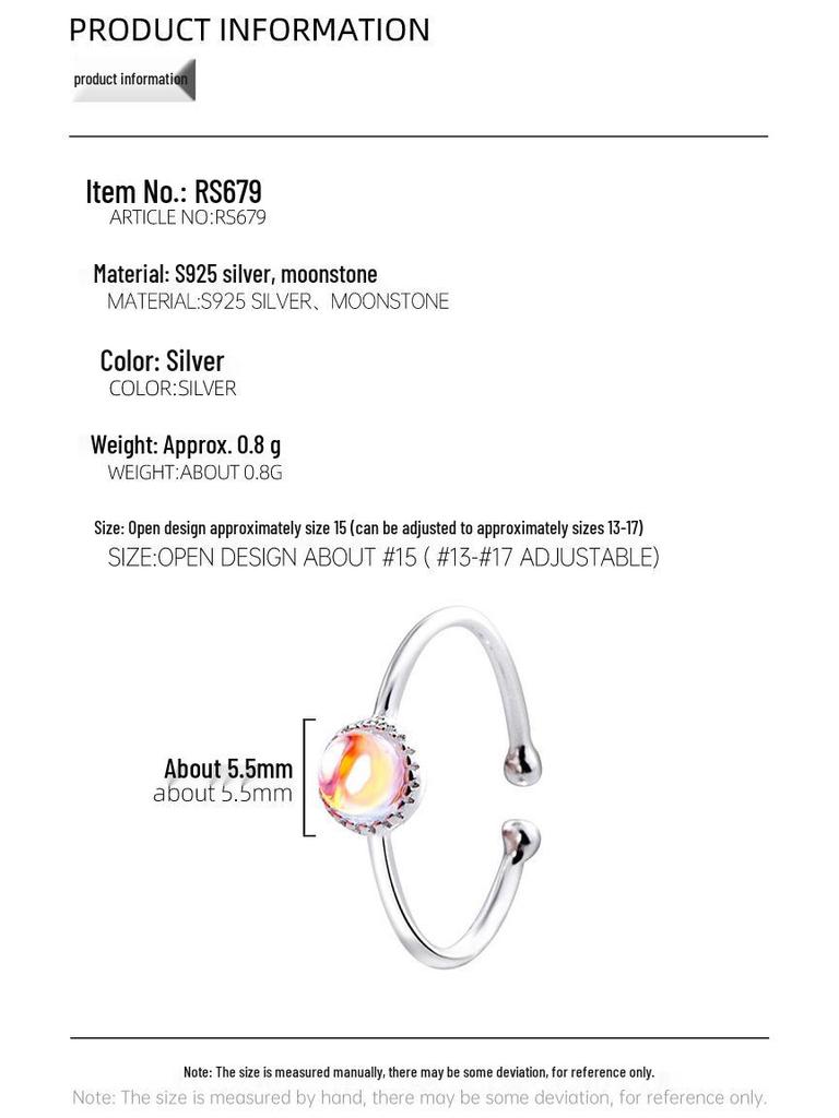 Banyan Tree S925 Silver Adjustable Moonstone Ring for Women – Colorful, Minimalist Design with Thin Round Beads