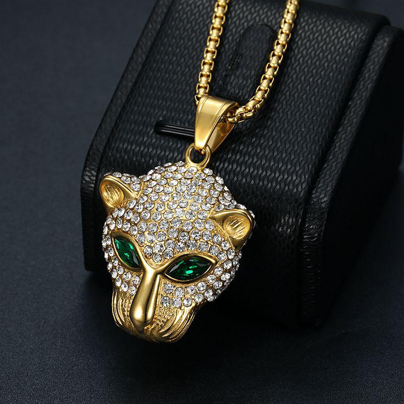 Trendy Unisex Hip Hop Leopard Pendant Necklace with Green and Red Diamond Eyes