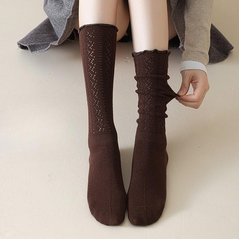 Calf Socks for Women in Autumn and Winter, Long, Hollow, Loose Lace, High, Black Ear-trimmed, Boneless Cotton Socks