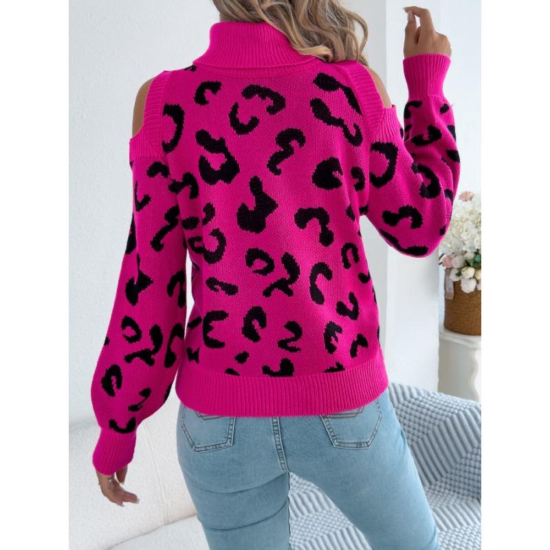 Women S Leopard Print Long Sleeve High Neck Casual Sweater