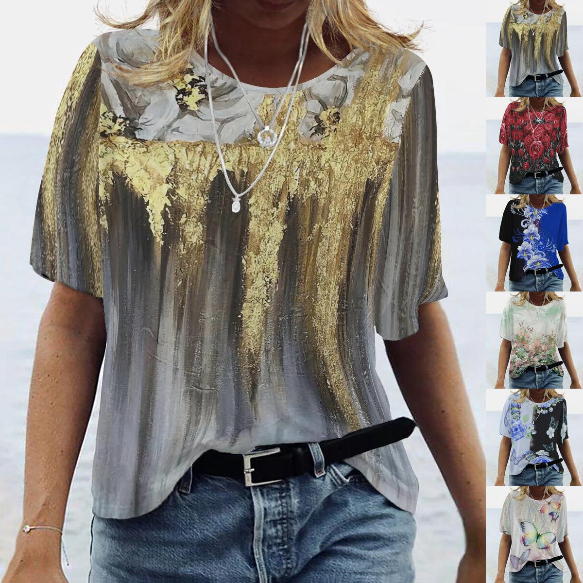 

Летний женский топ с коротким рукавом и круглым вырезом 2023, большие размеры с принтом XS-L XS