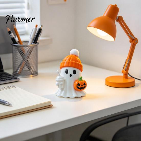 Halloween Desk Decorations 3D Printed Cute Ghost Figurine with Pumpkin Milk Tea, Orange Trend Gifts Beanie Ornaments, Funny Holiday Gift for