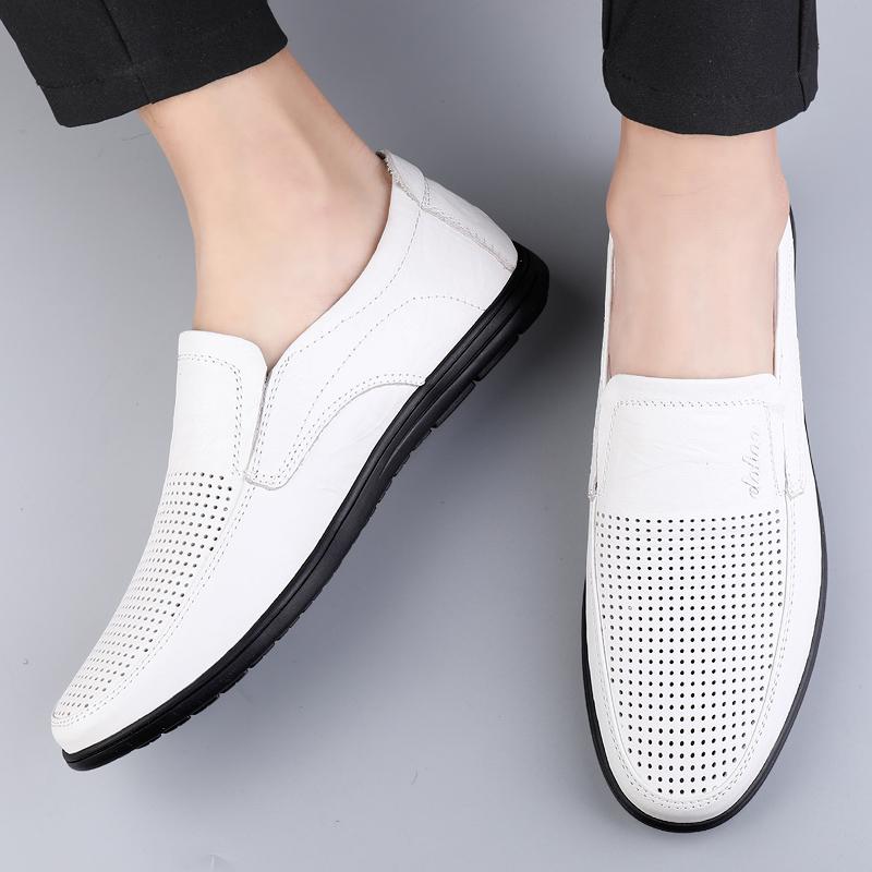 Men's Leather Casual Shoes Breathable Hollow Slip on Lazy Driving Shoes Office Fashion Shoes