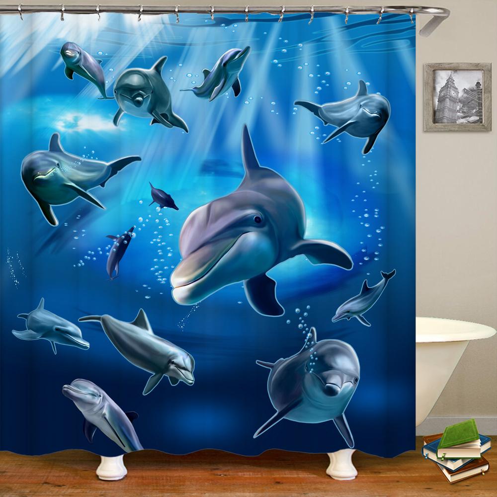 Cartoon Dolphin Shower Curtain Waterproof Home Decoration Curtain Ocean Sea Beach landscape Printed Bathroom Curtain With Hooks