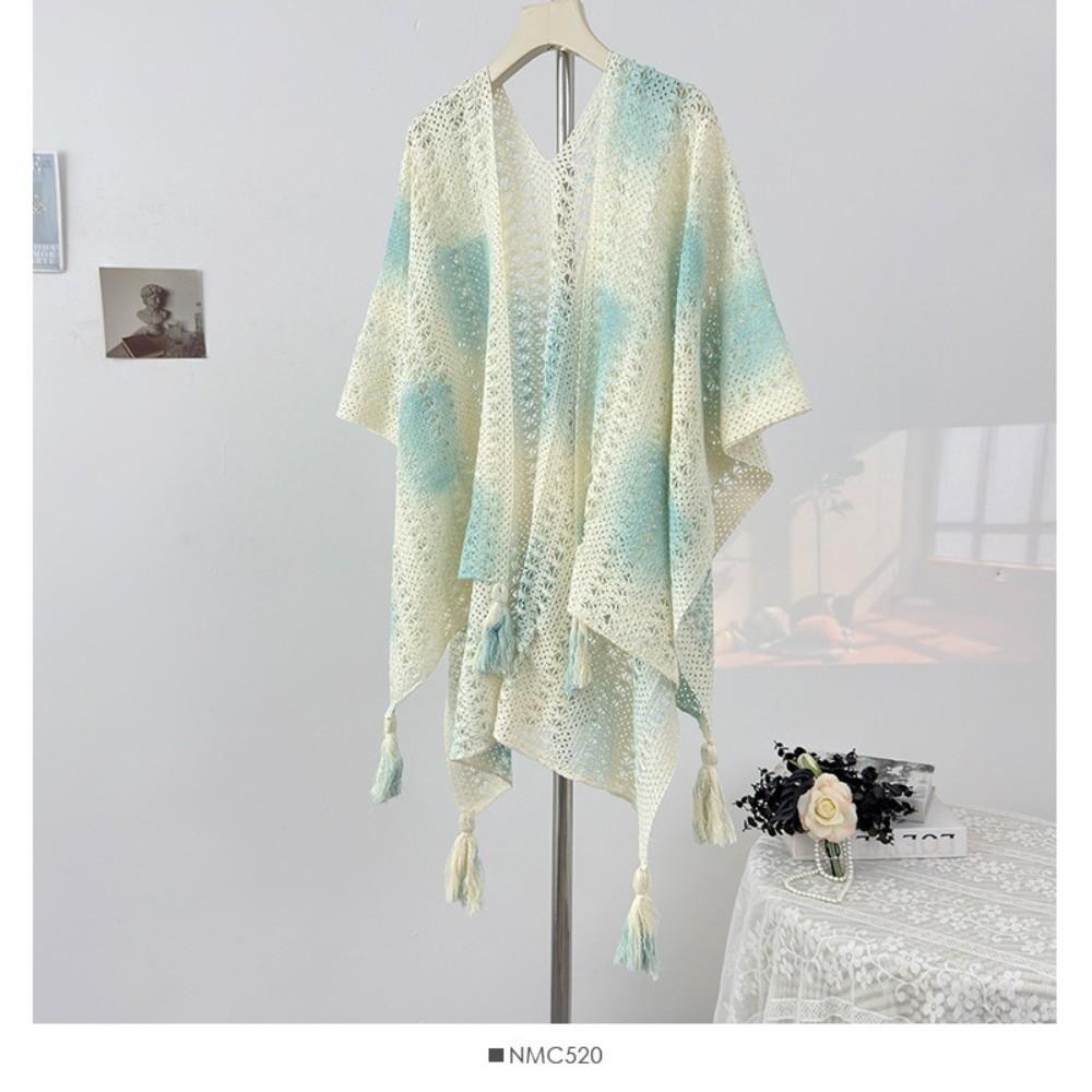 Trendy Tie Dye Knitted Hollow Out Shawl Bohemian Versatile Mongolian Poncho Ethnic Style Knitting Wraps Cape