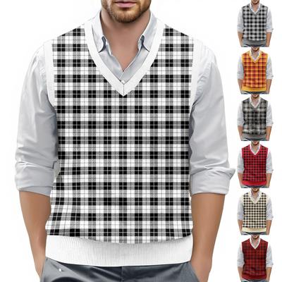 Chaleco sin mangas con cuello en V para hombre con estampado de cuadros, jersey de punto