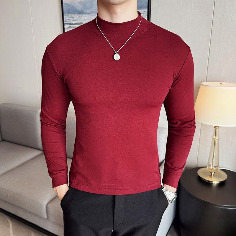 Men's Autumn Solid Color Slim Fit Semi-High Neck Long Sleeve T-Shirt