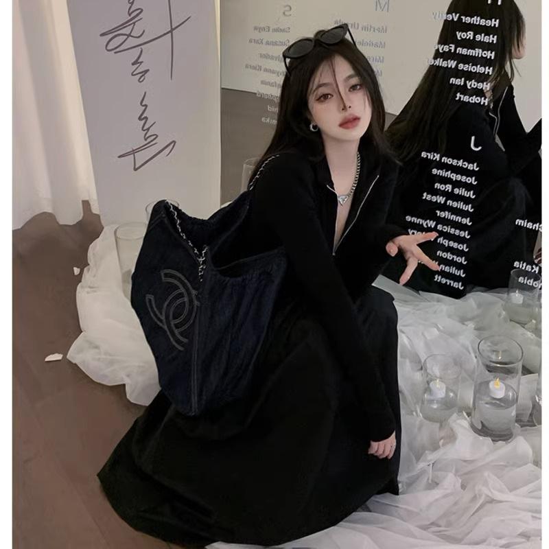 Herbst Winter Schwarz Elegant Mode A-Linien-Kleid Damen Langarm Temperament Robe Damen Freizeit Vestidos