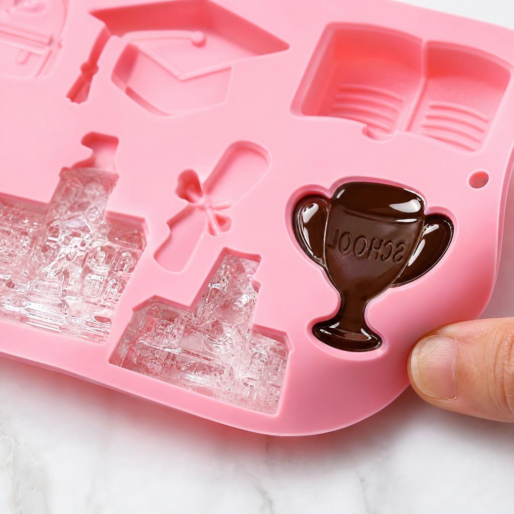 Silicone Mold for Cake Chocolate Graduation Themed Shapes Including Book Trophy Diploma Cap Backpack School Building Design