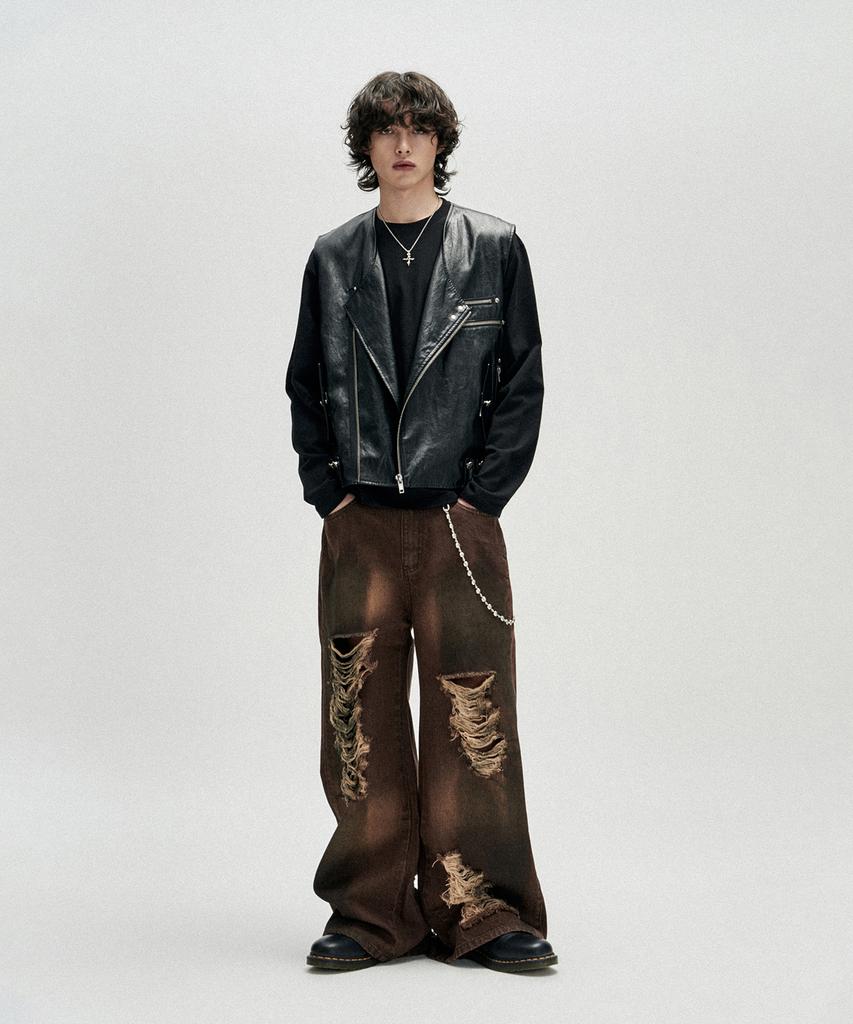 NOT4NERD Distressed Oil Washed Wide Denim Pants - Brown