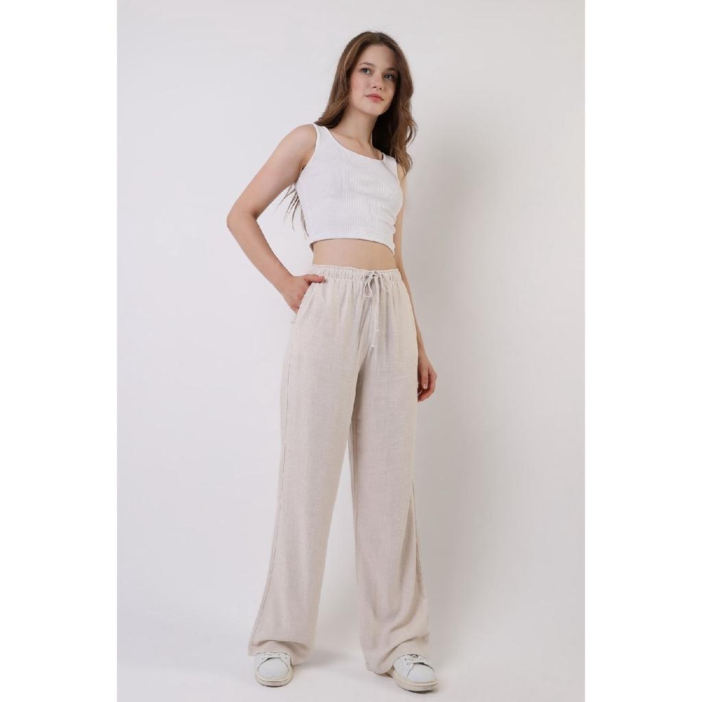 Beige Leinenmischung Locker geschnittene Hose