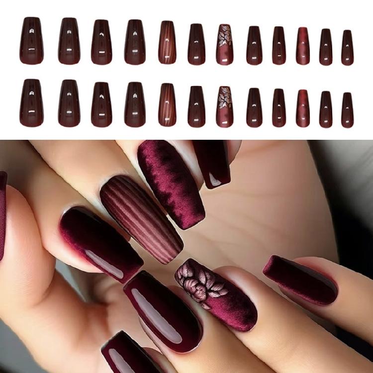 24Pcs French Press On Nail with Floral and Stripes Designs Full Cover Artificial Nail Stick On Nail for Women and Girls