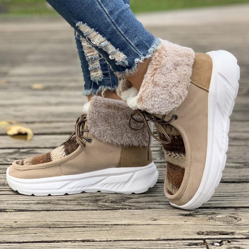 Autumn and Winter New Large-size Women's Flat-bottomed Velvet Snow Boots Front Lace-up Round Head High-top Cotton Shoes Are Comfortable and Warm