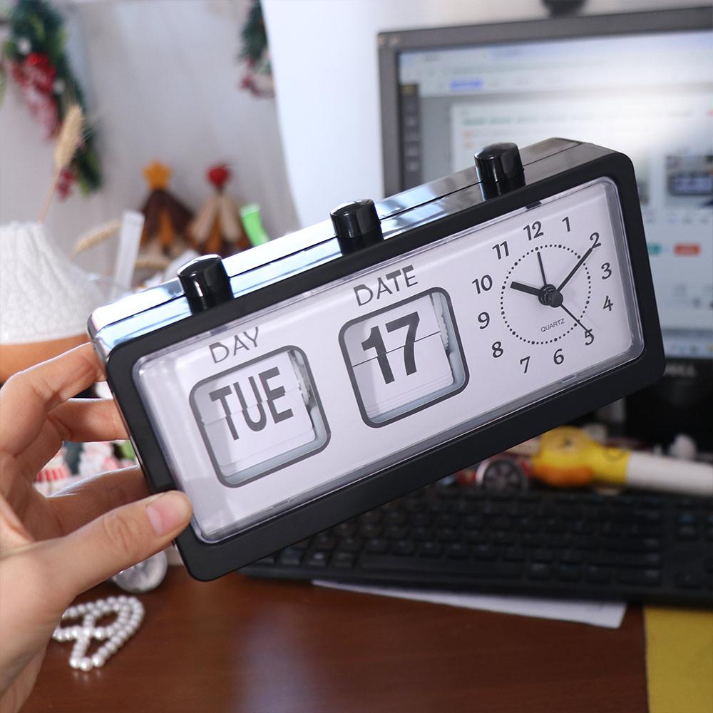 Vintage Mechanical Alarm Clock Date Week Table Clock Manual Page-flipping Calendar Clock  School
