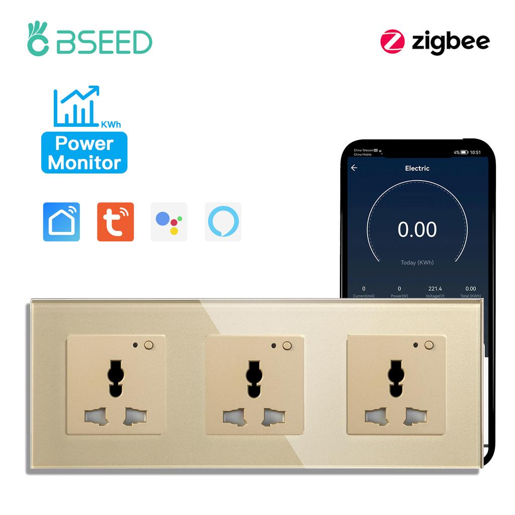 BSEED Zigbee Soquetes Inteligentes Universais Monitor de Potência Soquete de Energia Multifuncional Controle por App Tuya Smart Life Alexa Estrutura de Vidro