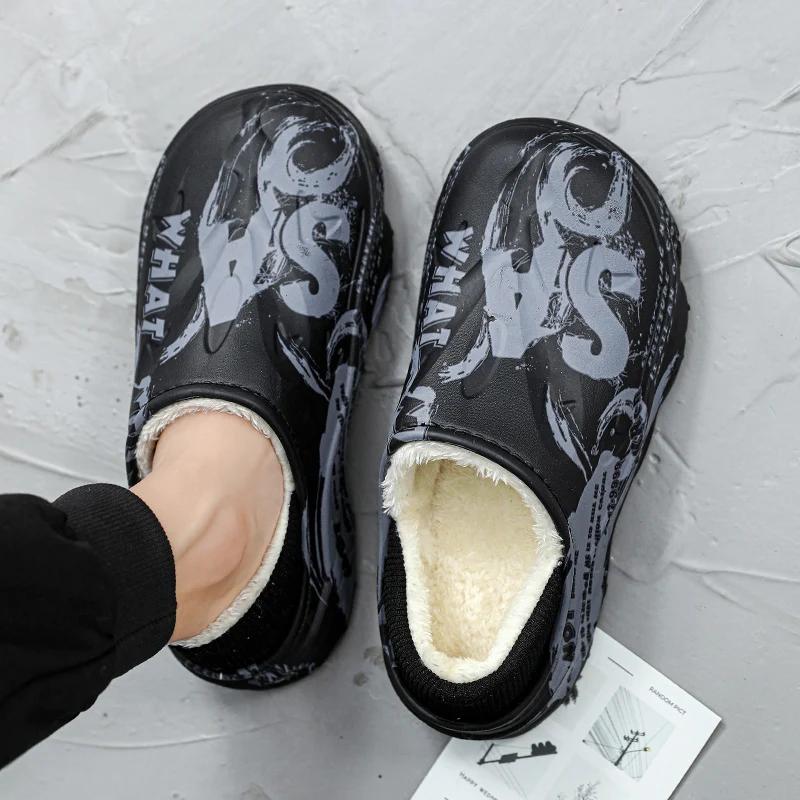 Fashion Winter Fur Slippers for Men Warm Indoor Cotton Shoes Waterproof Outdoor Garden Shoes Slip On Clogs Half Slides Sandals