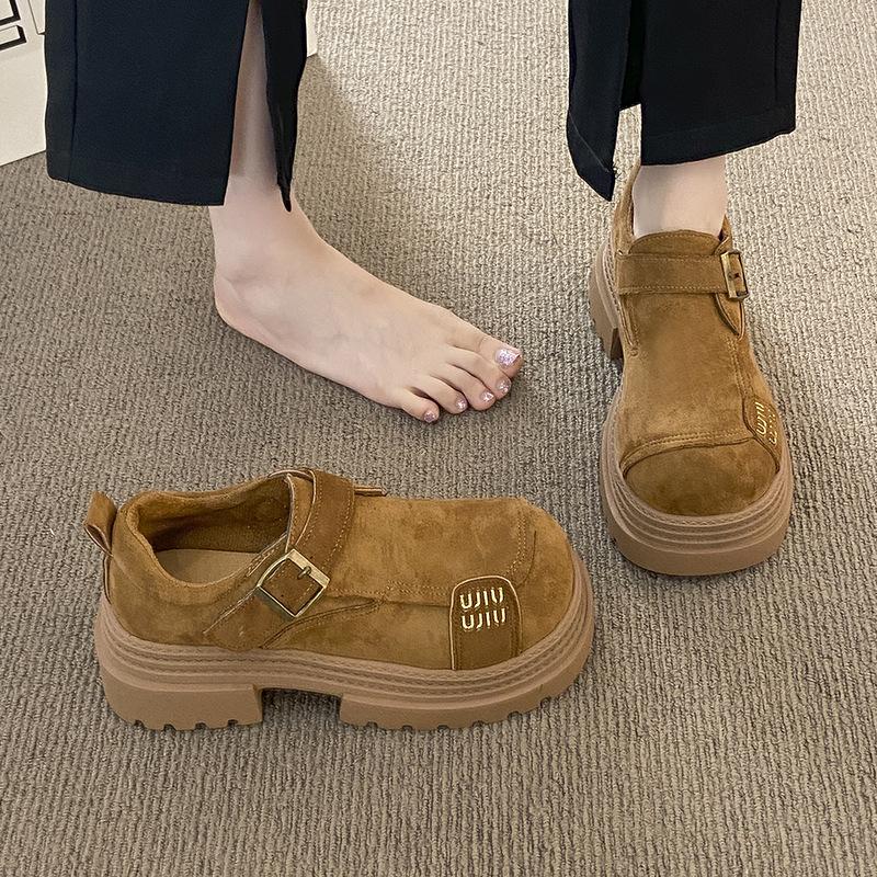 French Letter Design Loafers 2025 Spring New Round Head Thick Sole Belt Buckle Niche High-end Single Shoes