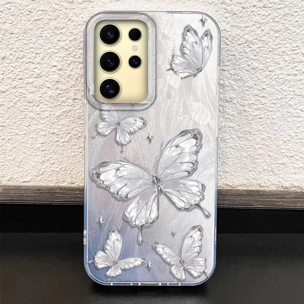 Luxury Laser Silver Butterfly Texture Phone Case for Samsung Galaxy S25 S24 S23 S22 S21 FE Plus Ultra Shell Silicone Back Cover