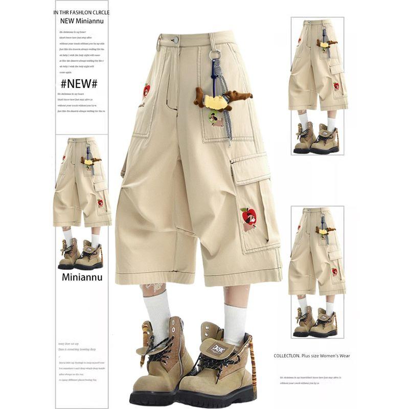 

150.00kg Plus size women clothing Khaki Student Seven Points Demin shorts Female Chubby Girl American High Street Wide Leg Pirate Shorts Khaki 2XL