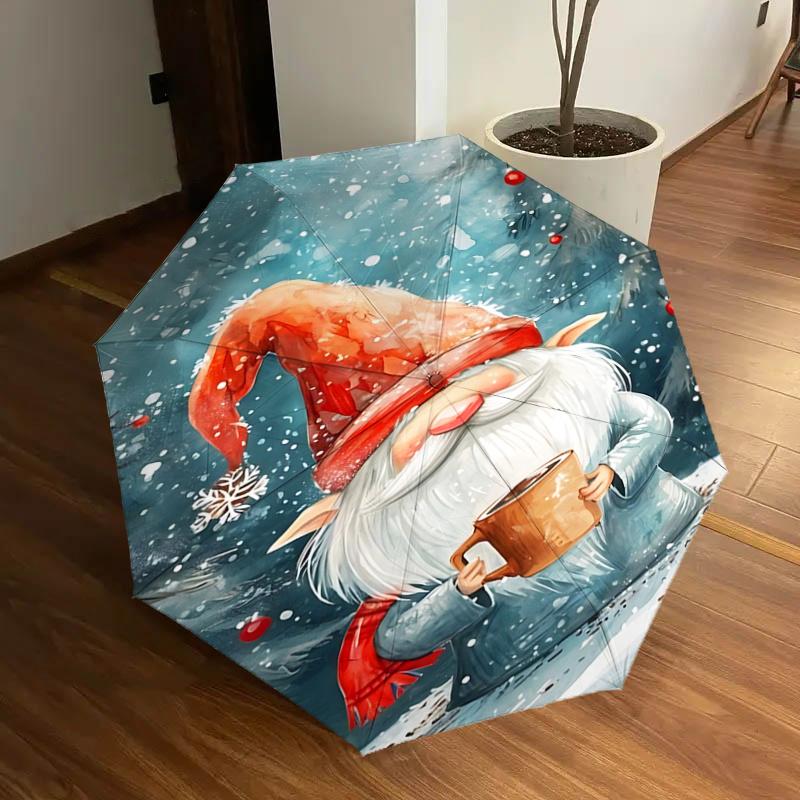 

Christmas Gnome with Coffee Mug - Automatic Opening Umbrella, Portable 3-Fold Design, 8-Bone Iron Frame, Outdoor Rain Gear, Festive Gift for