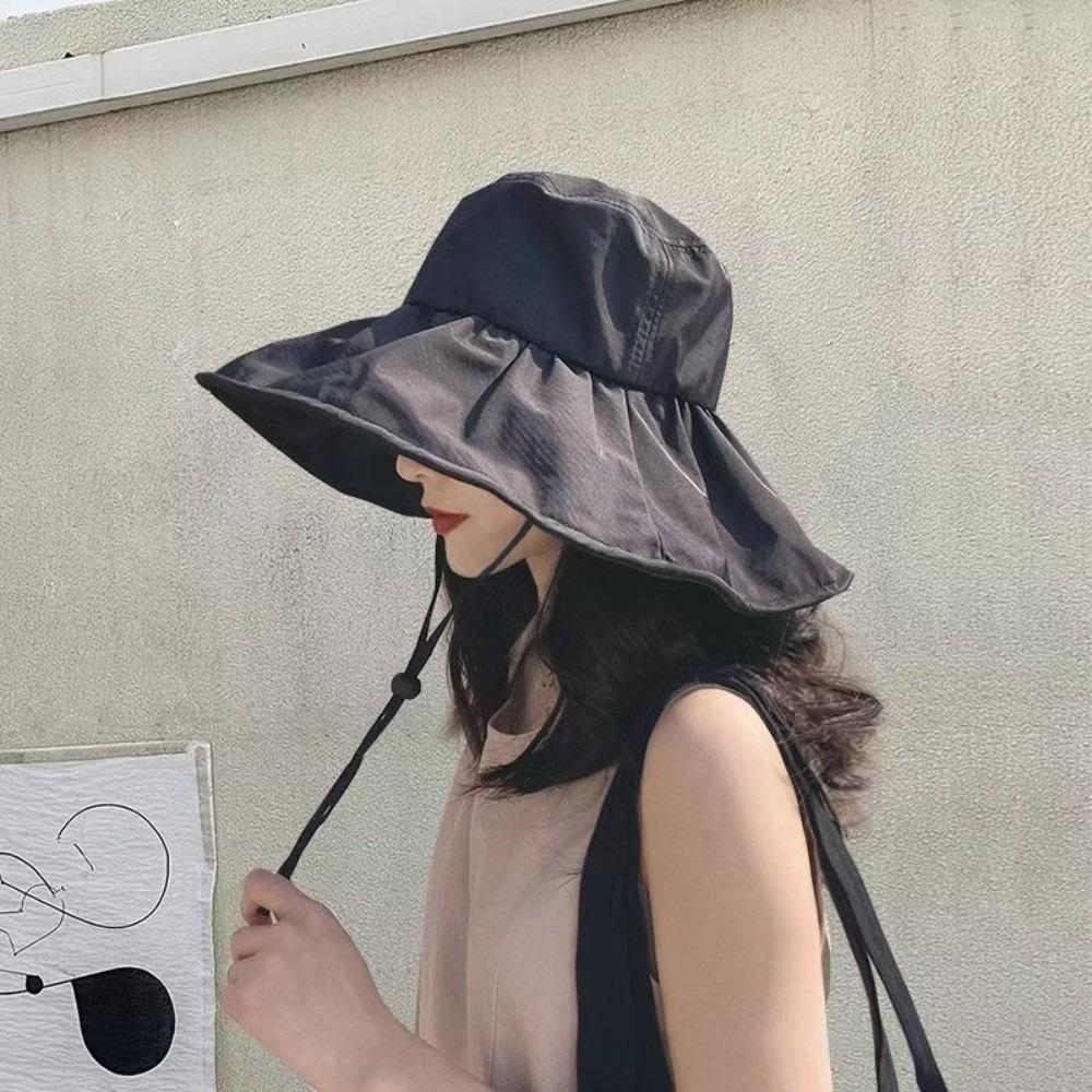 Solid Color Women Fisherman Hat Anti-Ultraviolet Foldable Wide Brim Sun Hat Adjustable Sunshade Sun Protection Hat
