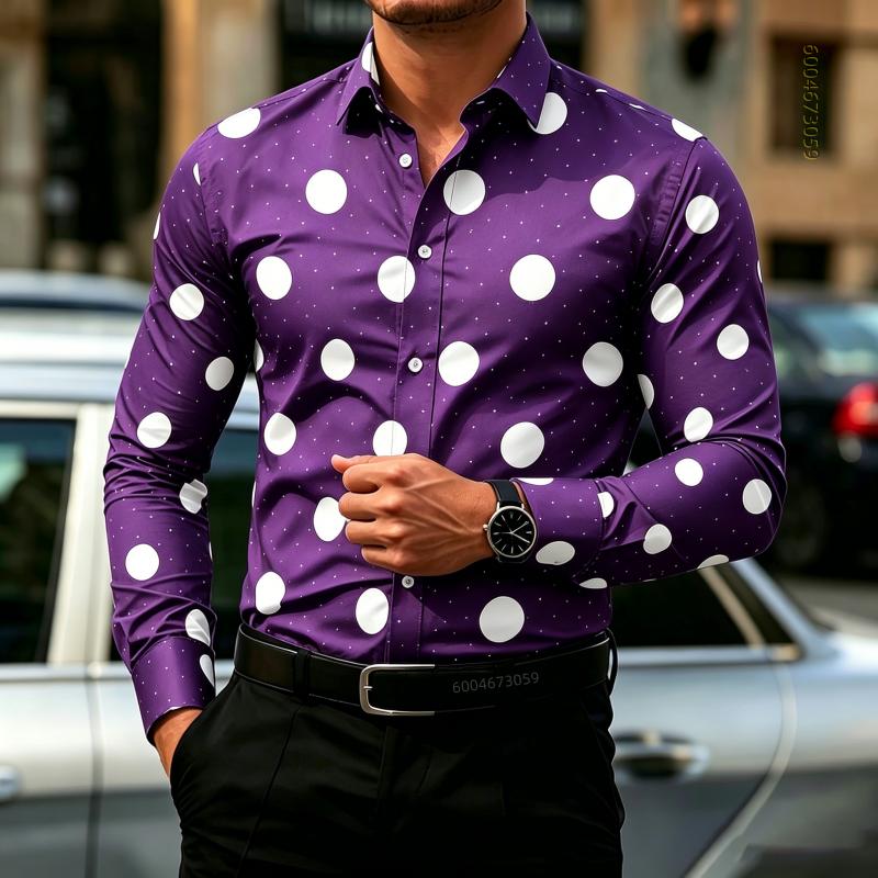 Camicia da Uomo a Pois Manica Lunga, Camicia Business Casual Slim Fit, Top da Uomo Tendenza Moda Casual da Esterno