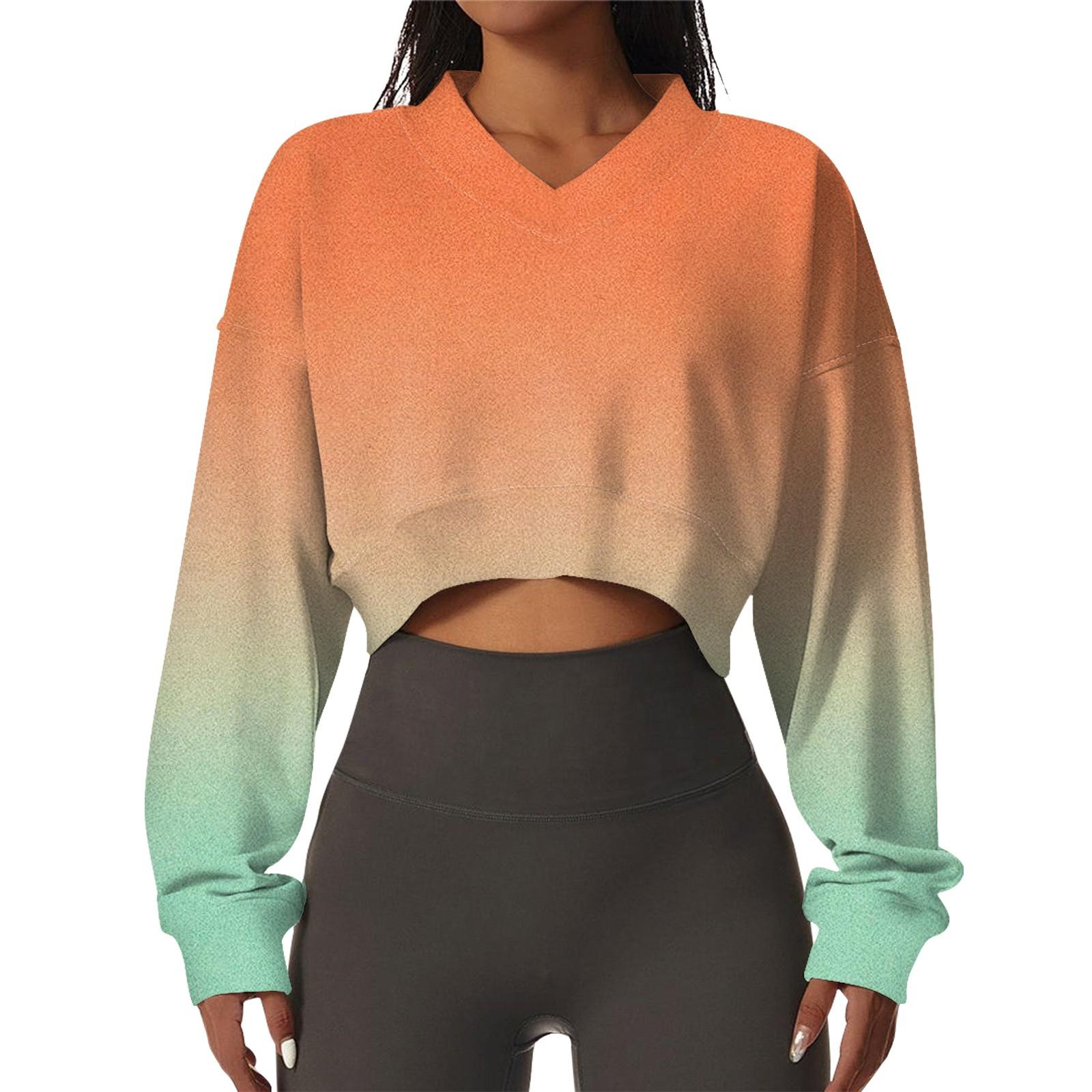 Women V Neck Long Sleeve Pullover Sweatshirt Tie Dye Graphic Print Casual Crop Top Athletic Wear S оранжевый