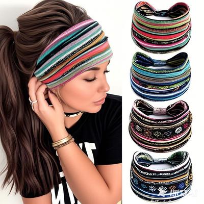 Bohemian Striped Yoga Headband - Sweat-Absorbing, Elastic Cotton for Ladies