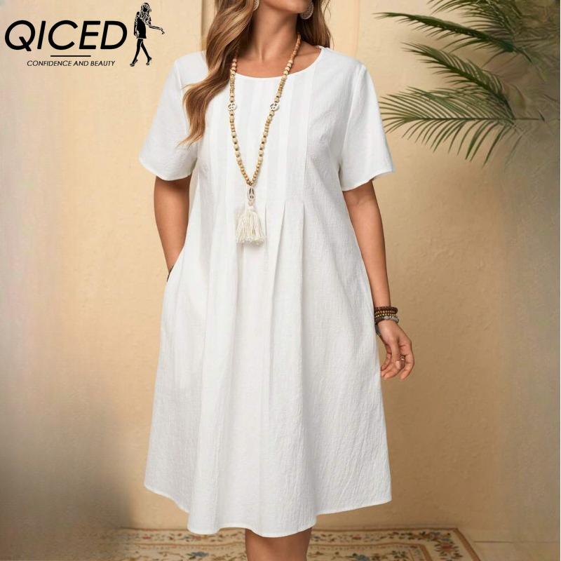 QICED Женская мода лето весна однотонный принт О-образный вырез высокая талия повседневные платья