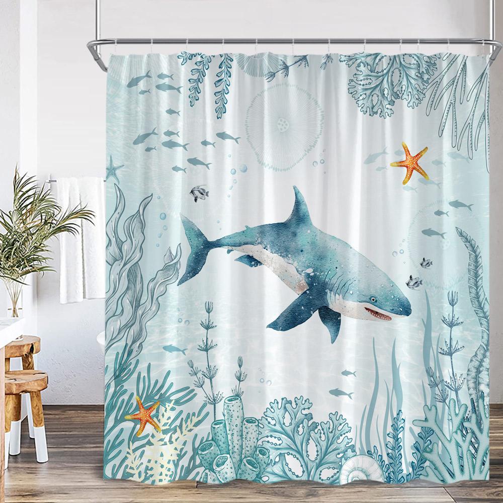Cartoon Ocean Animals Watercolor Shower Curtains Octopus Turtle Jellyfish Whale Sea Bathroom Decorations Polyester Bath Curtains