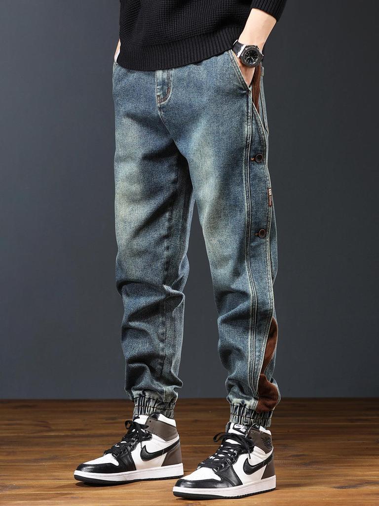 Męskie Grube Jeansy Robocze Patchworkowe - Luźne, Zakończone Ściągaczem, Modna Marka Streetwear, Spodnie Haremki