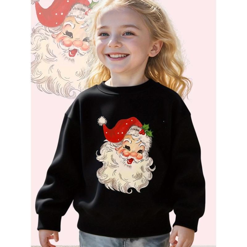 European sizes Kids Jolly Santa Claus: A Festive Christmas Illustration Print Long Sleeve Crewneck Sweatshirt - Soft Casual Pullover Top