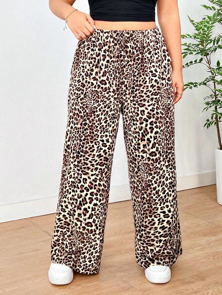 Plus Size Women's Leopard Print Straight-Leg Pants for Autumn and Winter