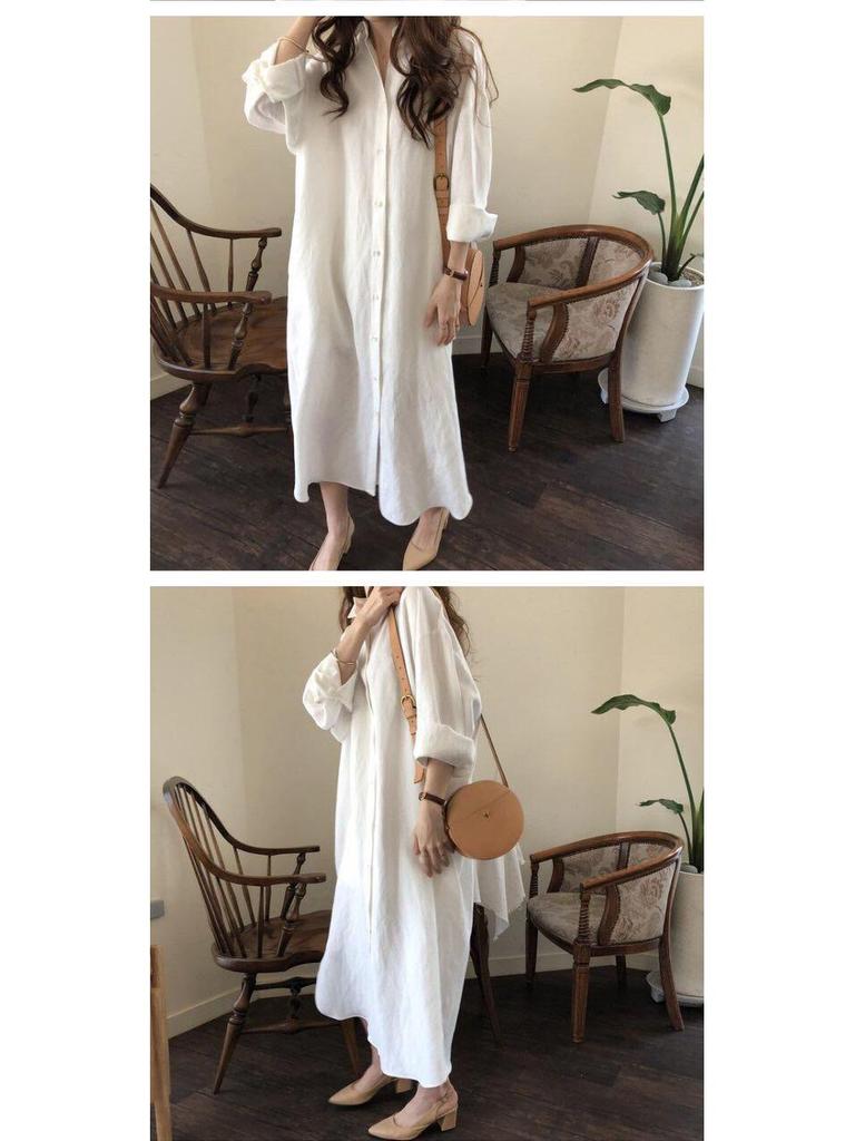 Korean Style Long Over-the-Knee Turn-Down Collar Cardigan Shirt for Women's Spring/Summer Sun Protection