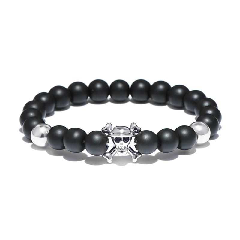 New Pirate Skull Bracelet Men 8mm Black Onyx Beaded Braslet Gothic Wolf Animal Braclet Male Accessories Gift For Boyfriend Joias