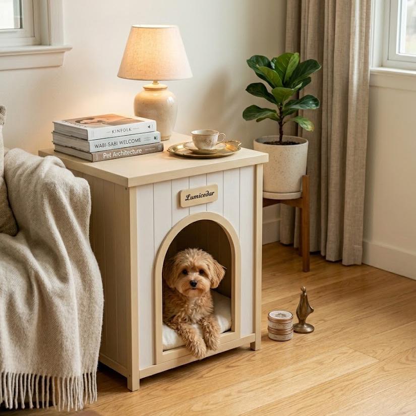 Wooden Dog Crate Side Table – FSC® Solid Wood Indoor Pet House Furniture for Small Dogs & Cats, Scandinavian Style End Table