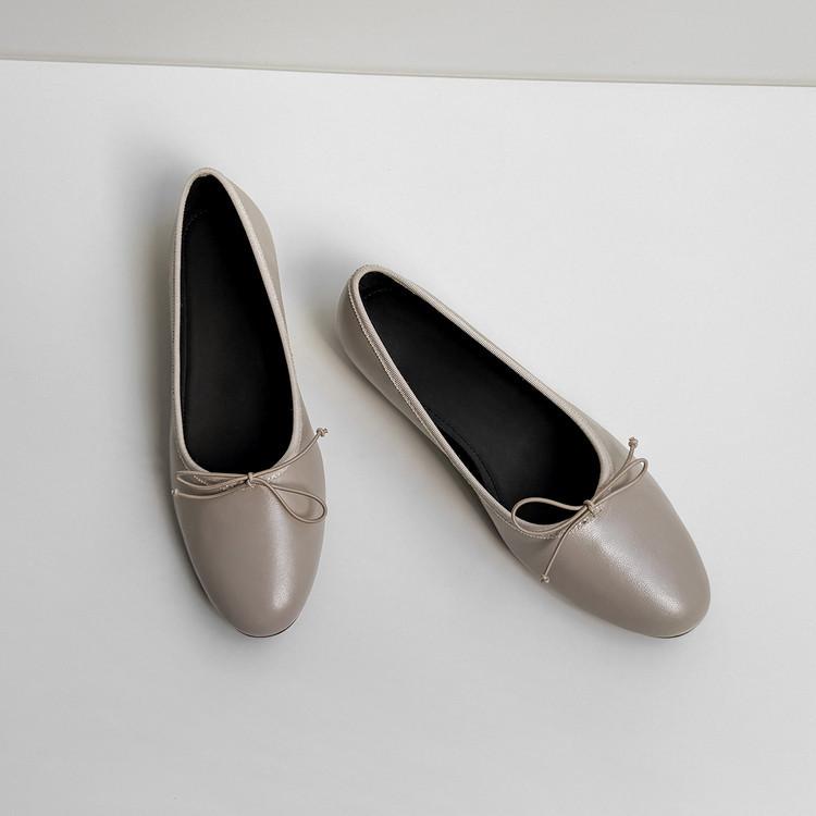 Bow flats 2025 summer new round head single shoes women's sheepskin shallow mouth leather women's shoes Korean version of ballet