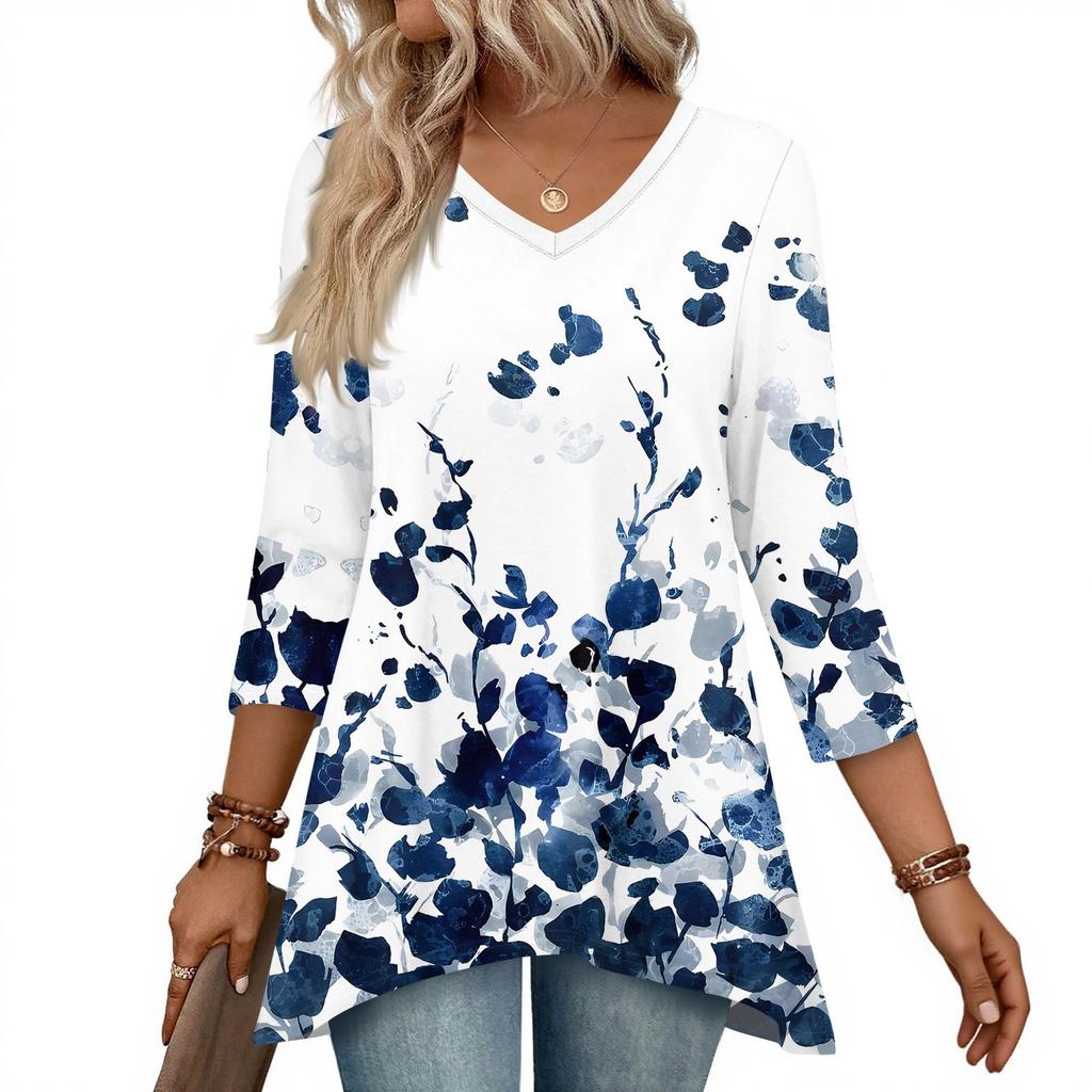 Dámské topy s výstřihem do V a 3/4 rukávem, ležérní košile střední délky, módní tuniky s potiskem