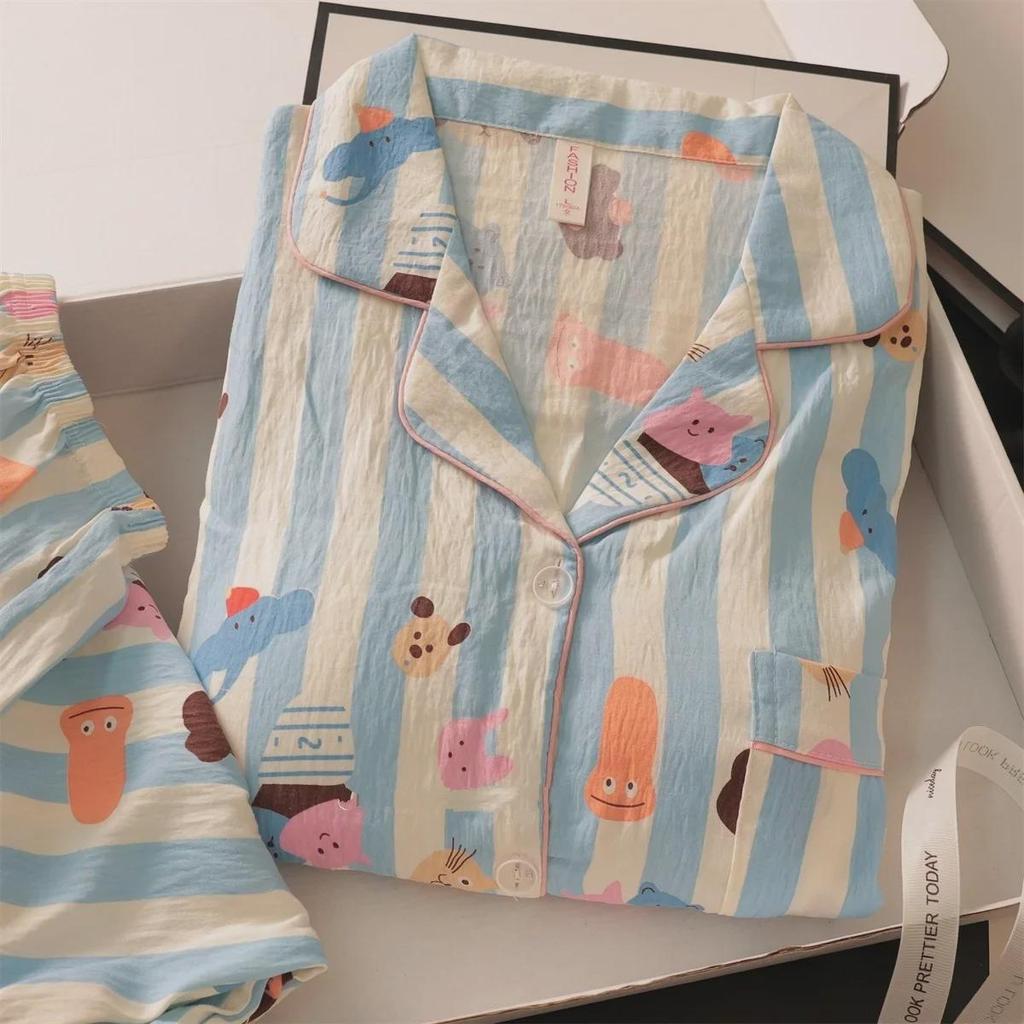 "Dámské bavlněné pyžamo s třešňovým medvídkem - Jaro/Podzim, Dlouhý rukáv, Roztomilý kreslený svršek"