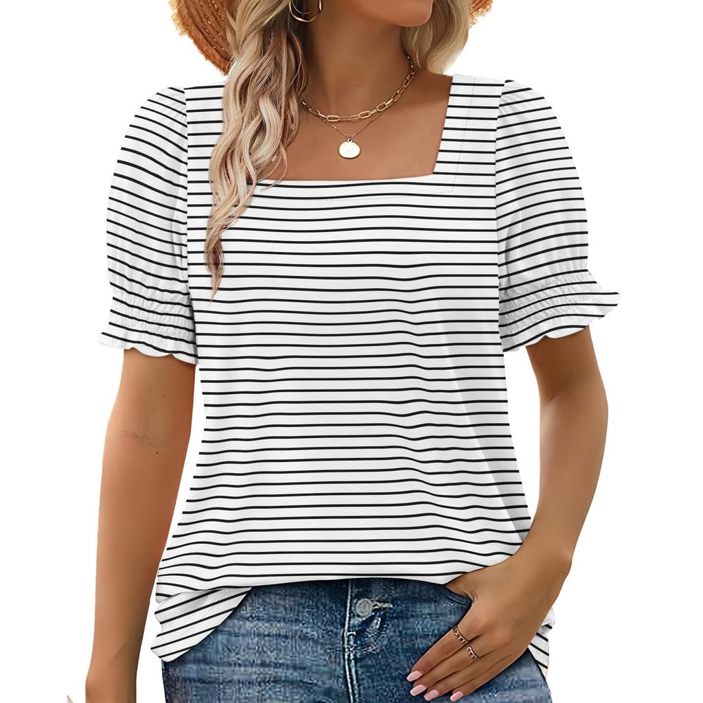 Women's Fashion Square Neck T-Shirt With Petal Sleeves, Short-Sleeved Striped Top