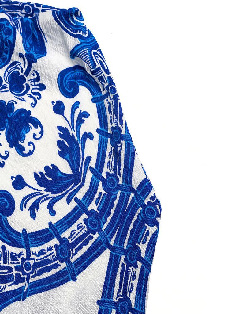 Summer Retro Style Blue & White Porcelain Print Halter Backless Split Dress