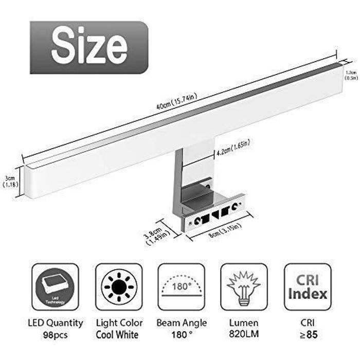 Azhien lampe pour miroir led salle de bains 10w 820lm,400mm blanc froid 6000k lampe miroir 230v ip44 3 en 1 salle de bain lumiere