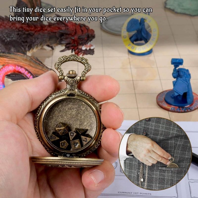 Polyhedral Micro Cubes Vintage Pocket Watch with Micro Polyhedral Set Alloy Material for Tabletop RPG and Card Games