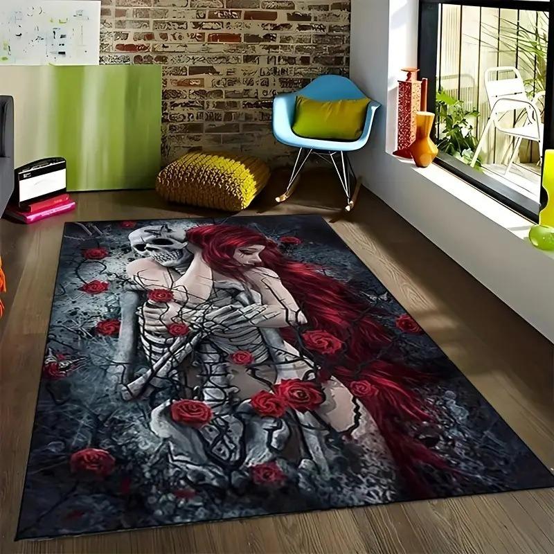 

Vintage Black Gothic Skull Damask Halloween Area Rugs Carpet Bedroom Washable Cartoon Doormat Home Decor Rug Non-slip Floor Mat 40x60cm