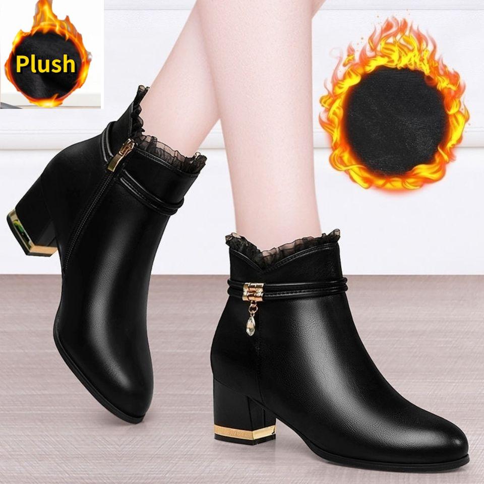 Chunky Heel 6CM Booties Solid Color Lace Splicing Women's Ankle Boots Large Size Warm Footwear Trend  Female Short Shoes