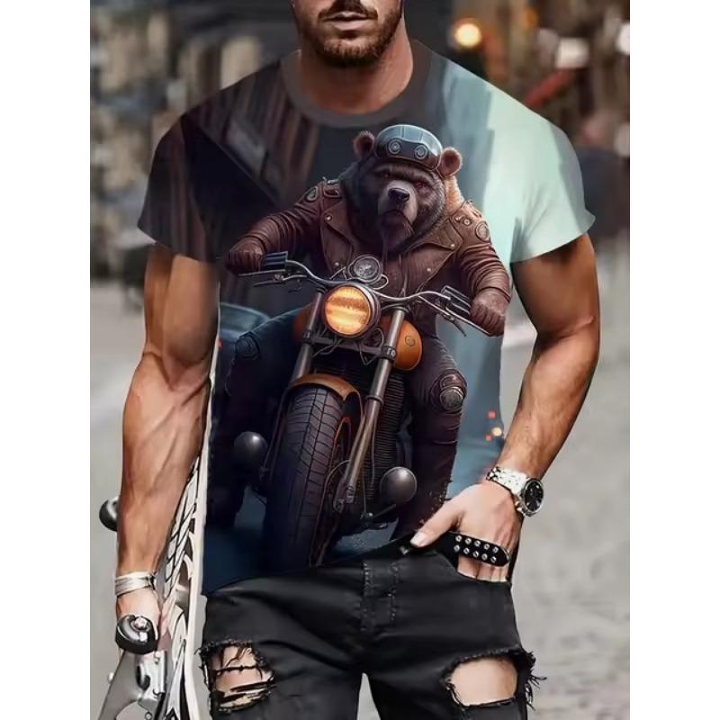 Cool Dog Motorcyclist Tričko s 3D digitálním vzorem pro muže, tričko Street Style Crew Neck Neck, ležérní top s krátkým rukávem, pánské oblečení na letní denní nošení
