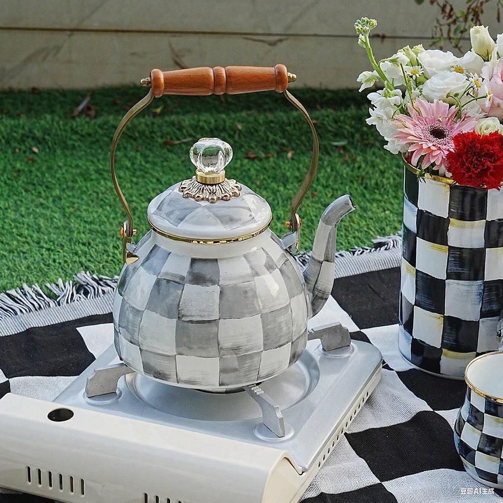 2.5 Quart Check Enamel Tea Kettle Vintage Enameled Teapot Stovetop For Water Coffee Tea Pot Home Kitchen Decor With Handle