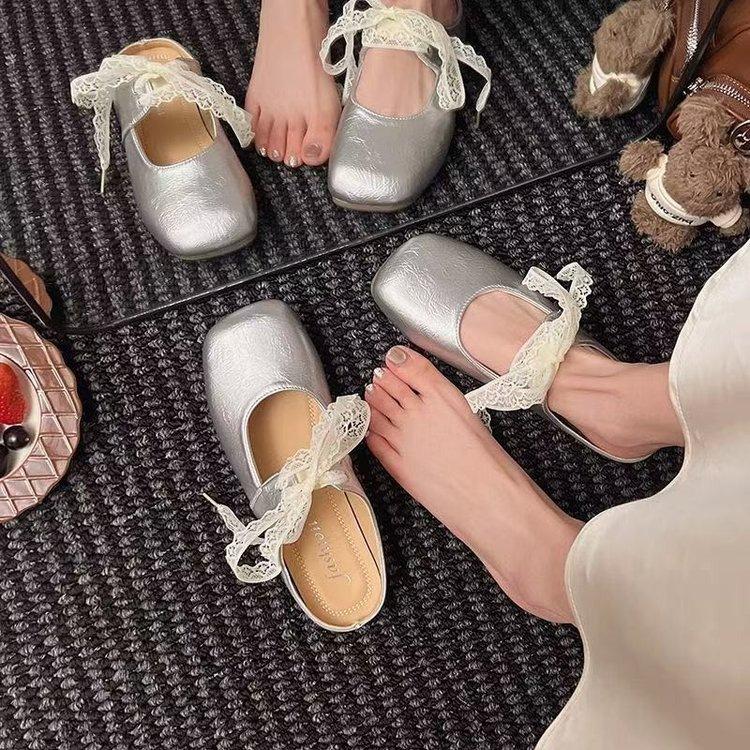 French Lace Shoelaces Half-drag Women's Outer Wear 2025 Summer New Flat-bottomed Lace Bow Mary Jane Sandals